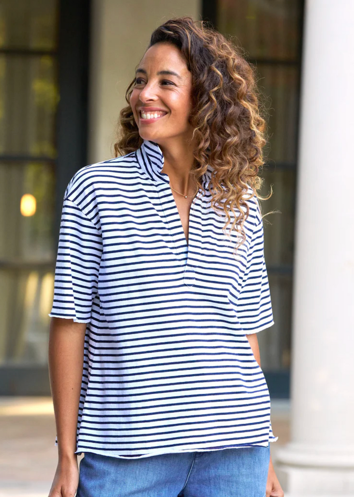 Frank & Eileen | Patty Popover SS Henley | Vintage Jersey | Navy Stripe