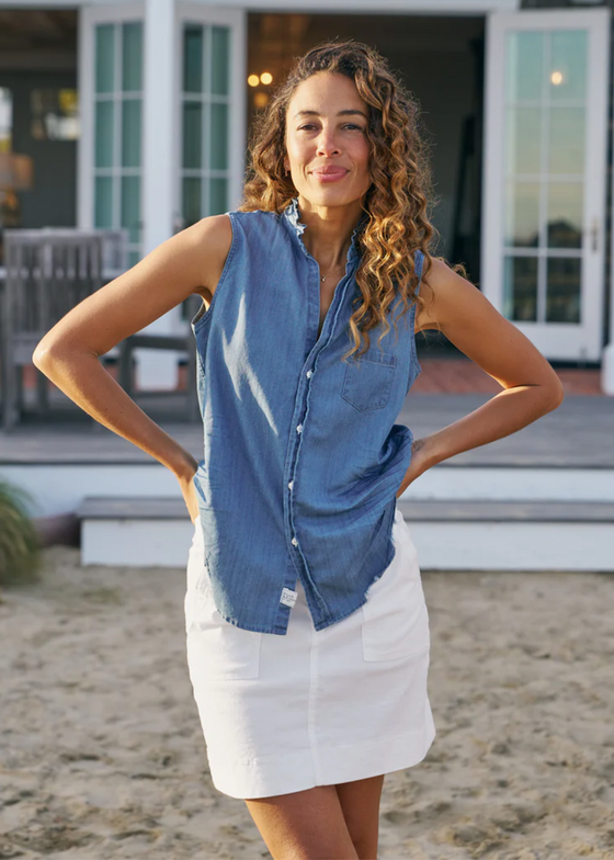 Frank & Eileen | Ruffle Fiona Sleeveless Button Up | Famous Denim
