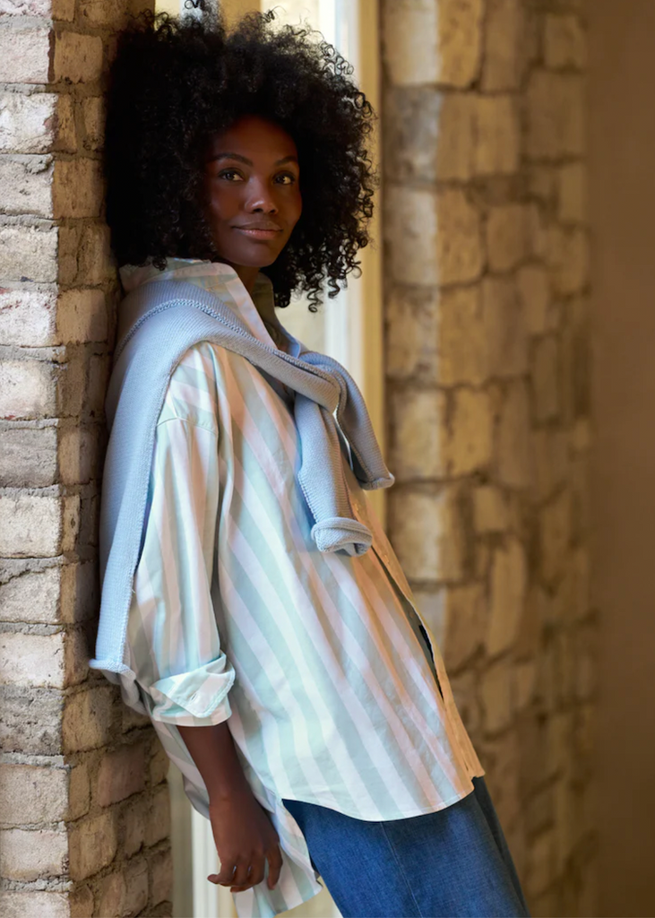Frank & Eileen | Shirley Oversized Button Up Shirt | 1947 Italian Oxford - Wide Sage Stripes