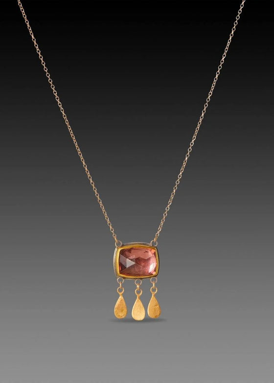 Ananda Khalsa | Rosecut Pink Tourmaline Necklace With 22k Gold Bezel, 22k Gold Fringe