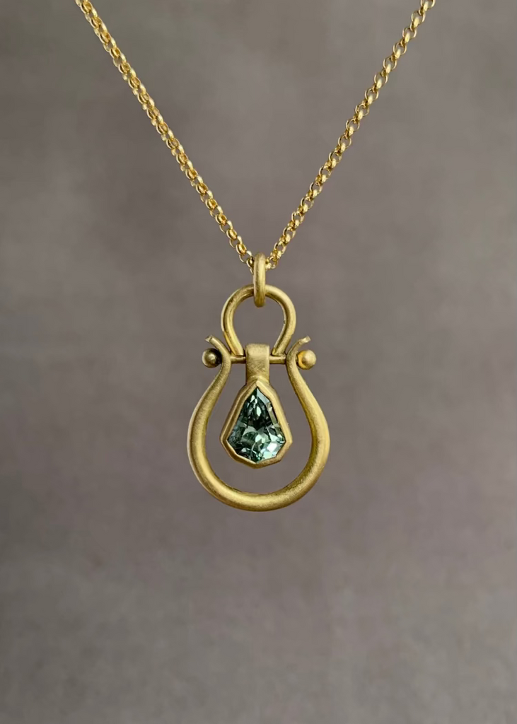 Monika Krol | Geometric Green Sapphire Lyre Pendant Necklace