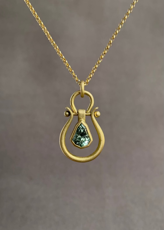 Monika Krol | Geometric Green Sapphire Lyre Pendant Necklace