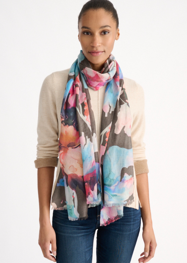 Kinross | Highland Blooms Print Scarf | Chocolate