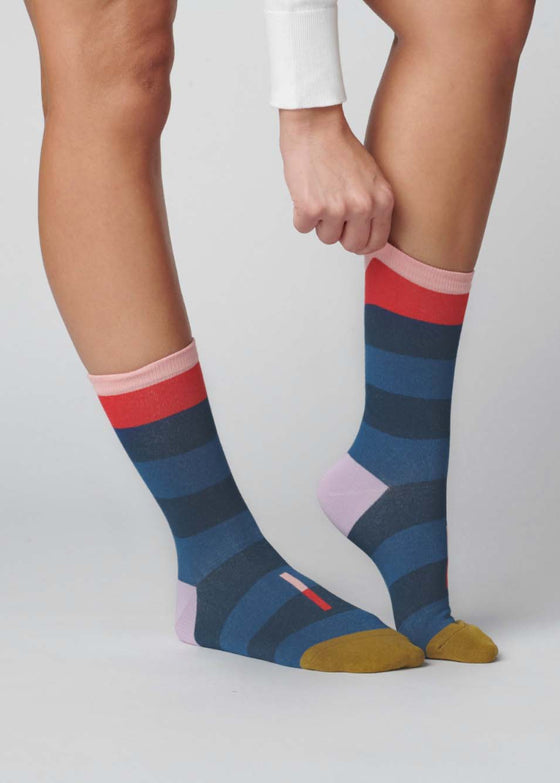 Hooray Sock Co. | Fillmore Striped Crew Socks | Marina Blue