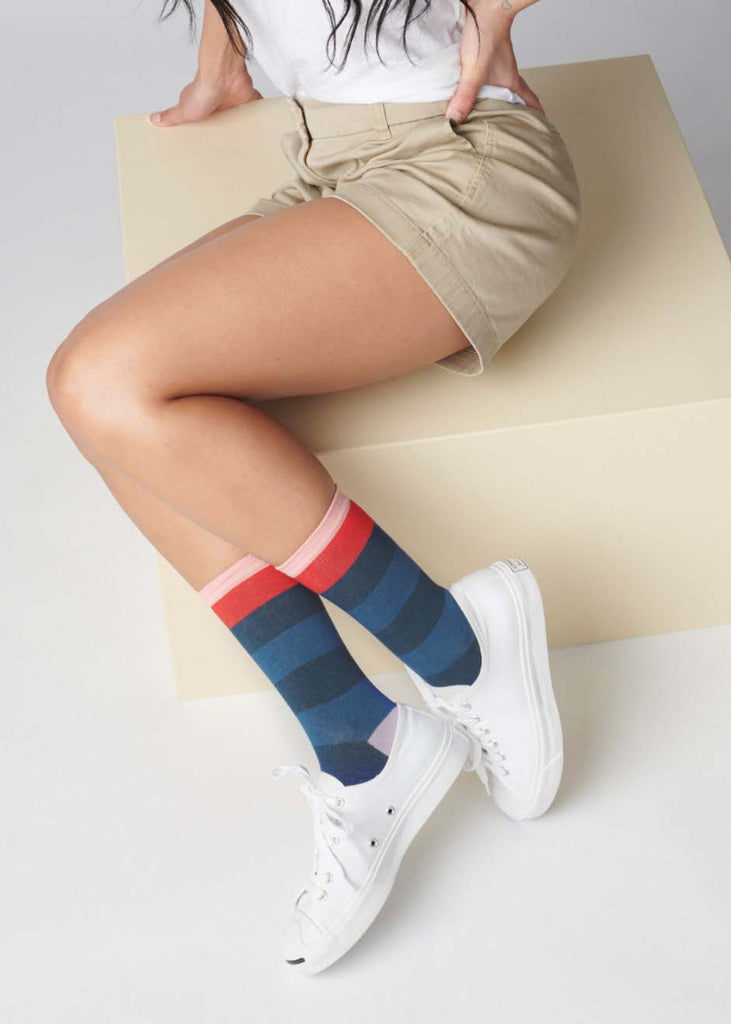 Hooray Sock Co. | Fillmore Striped Crew Socks | Marina Blue