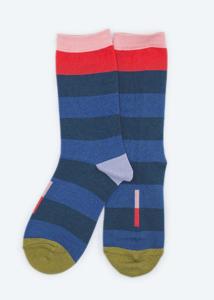 Hooray Sock Co. | Fillmore Striped Crew Socks | Marina Blue