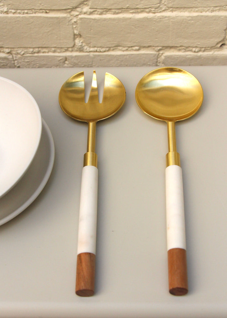White Marble + Acacia Gold Serving Set