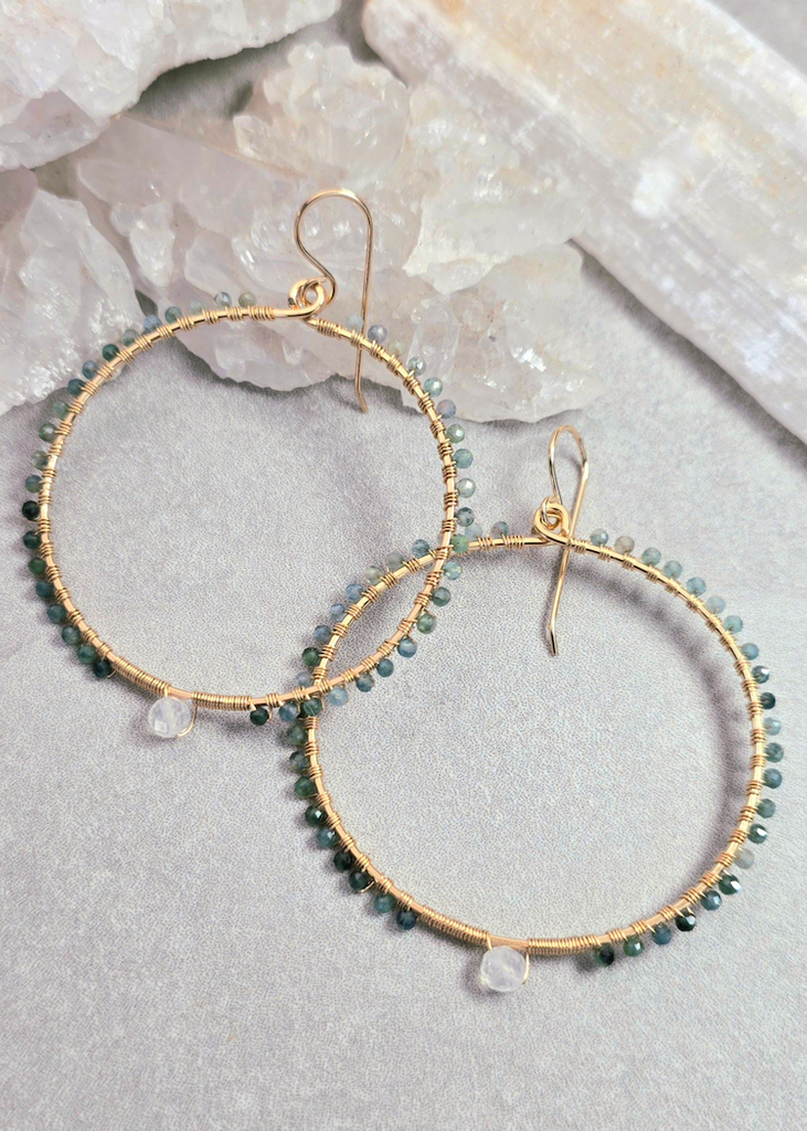 James + Jezebelle | Blue Tourmaline + Moonstone Wrapped Hoops