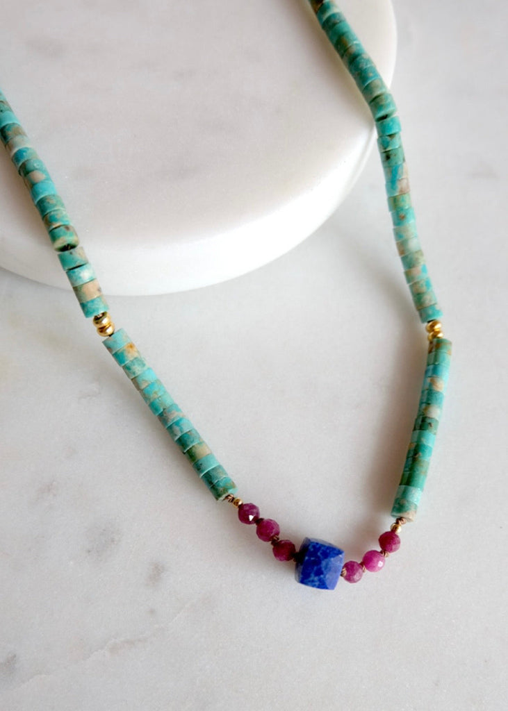 James & Jezebelle | Elisa Turquoise, Lapis & Ruby Necklace