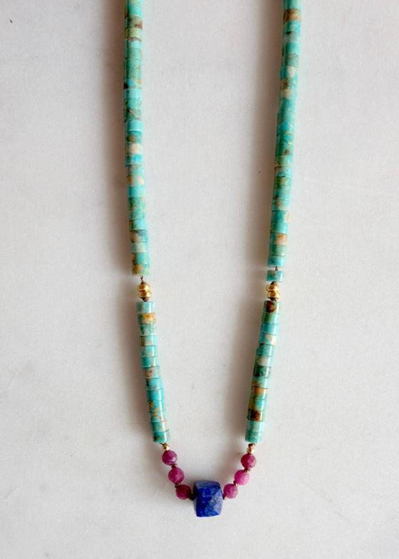 James & Jezebelle | Elisa Turquoise, Lapis & Ruby Necklace