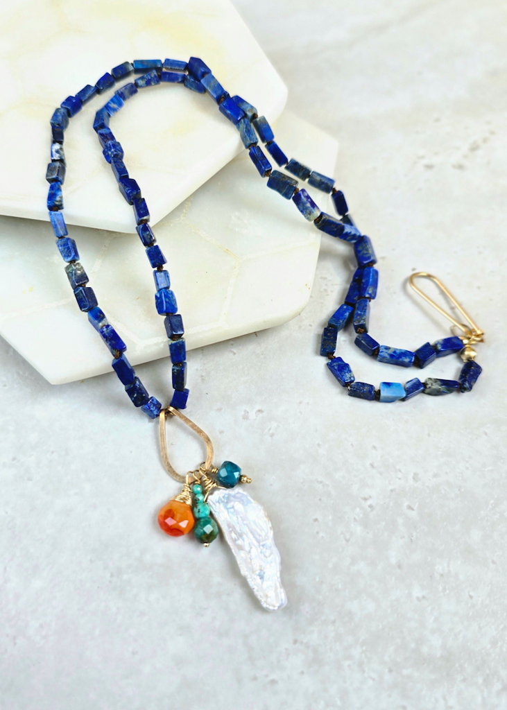 James & Jezebelle | Lapis + Carnelian + Turquoise + Apatite + Pearl Drop Knotted Necklace