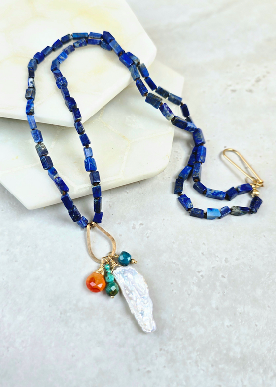 James & Jezebelle | Lapis + Carnelian + Turquoise + Apatite + Pearl Drop Knotted Necklace
