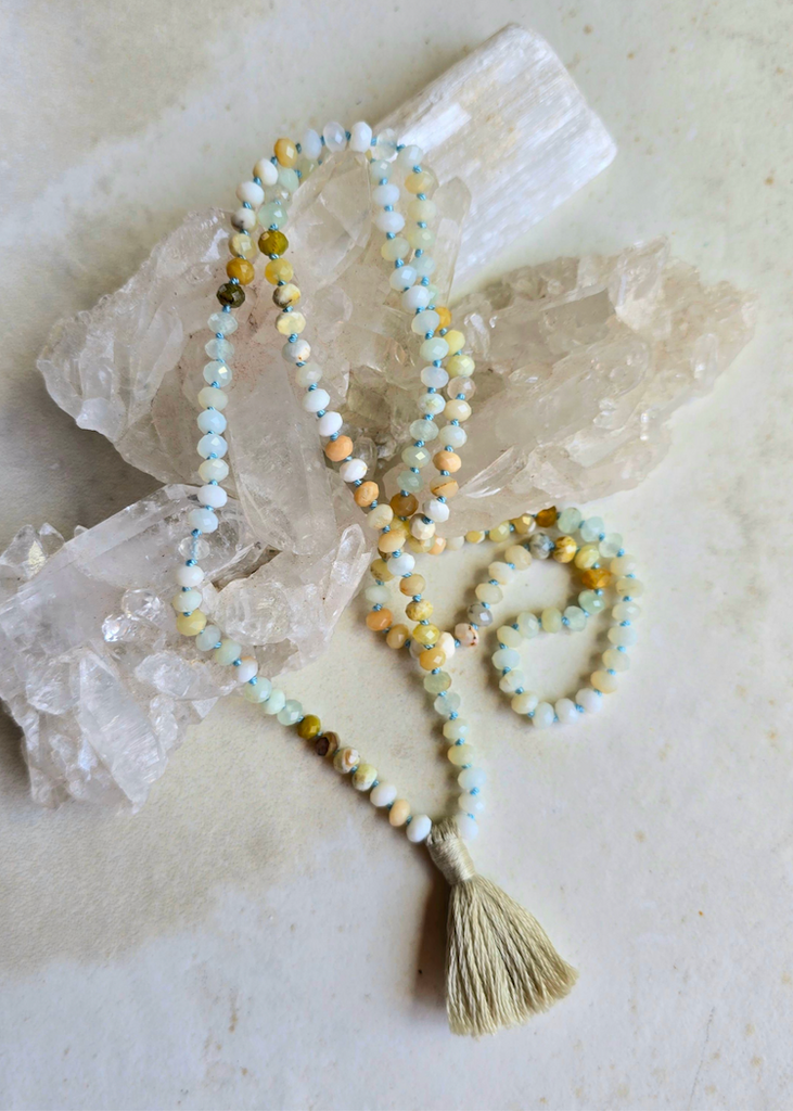 James + Jezebelle | Opal + Aquamarine Knotted Tassel Necklace