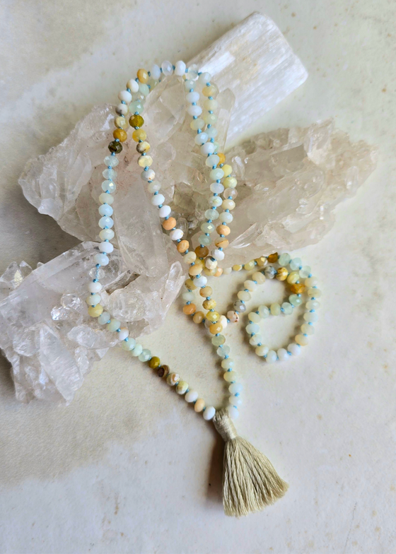 James + Jezebelle | Opal + Aquamarine Knotted Tassel Necklace