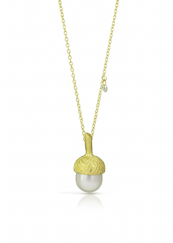 Judi Powers | Acorn Pearl Drop Necklace with Diamond Briolette