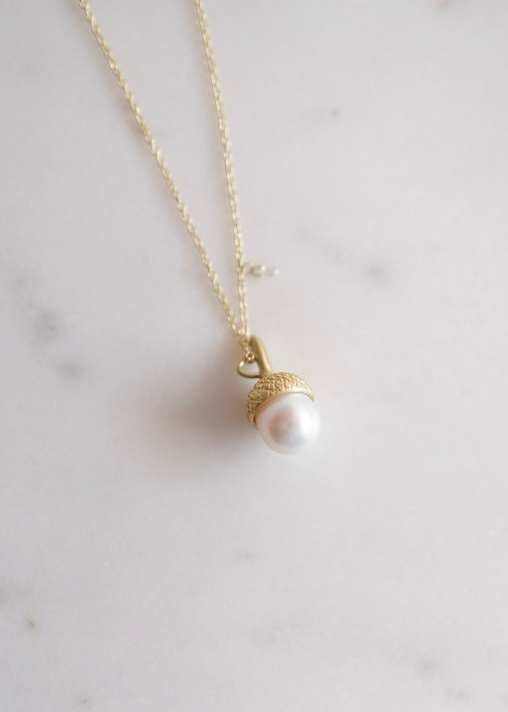 Judi Powers | Acorn Pearl Drop Necklace with Diamond Briolette