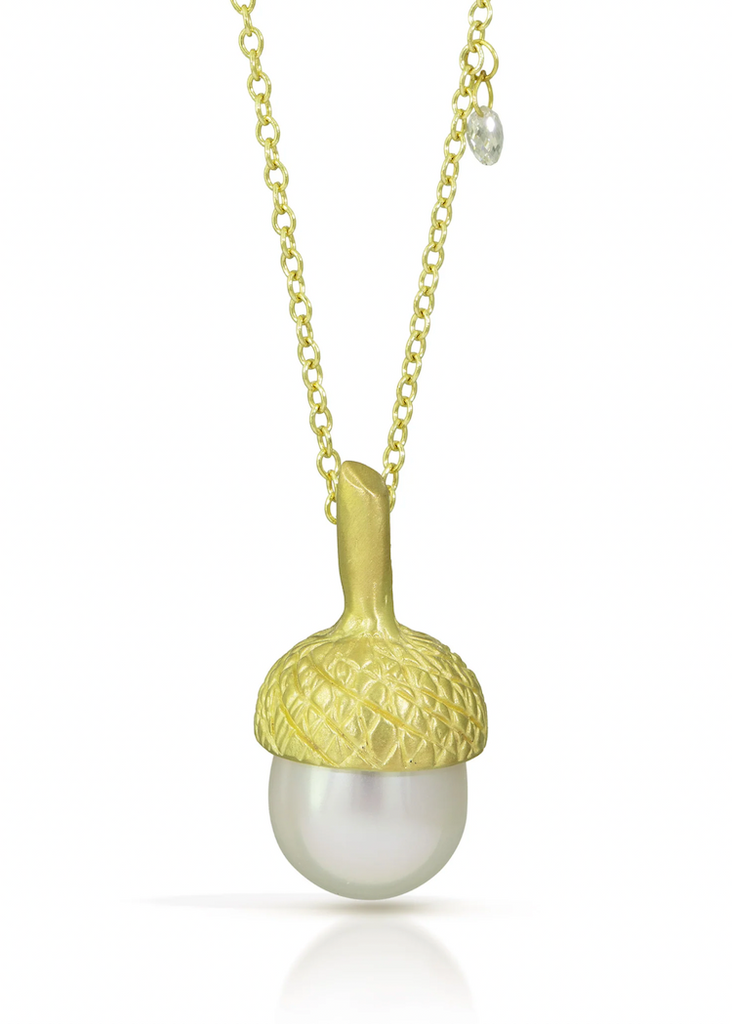 Judi Powers | Acorn Pearl Drop Necklace with Diamond Briolette