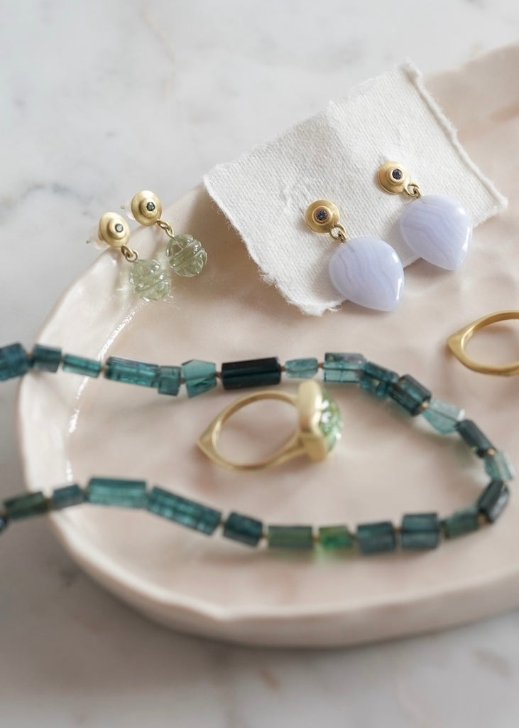 Judi Powers | Blue Tourmaline Carved Prasiolite Kapoor Earrings
