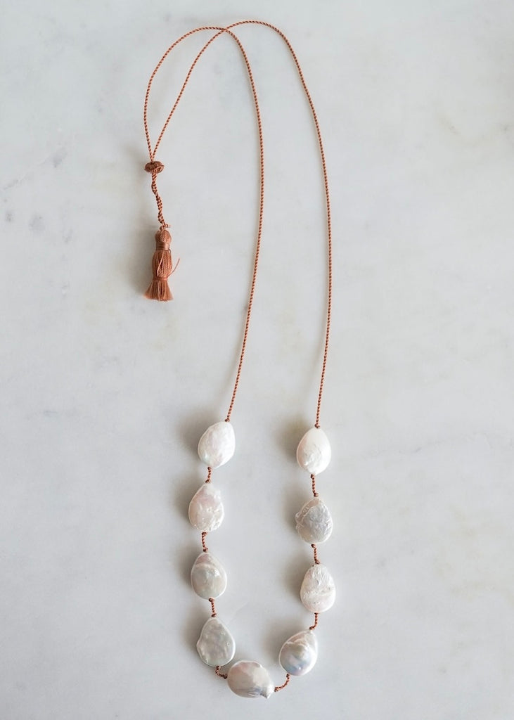 Lena Skadegard | 9 Oval Coin Pearl Adjustable Tassel Necklace