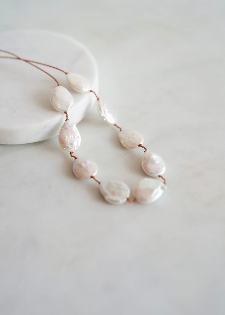 Lena Skadegard | 9 Oval Coin Pearl Adjustable Tassel Necklace