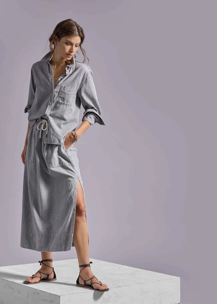 lilla p denim dress Lilla P Flutter Sleeve Gauze Dress In Marina