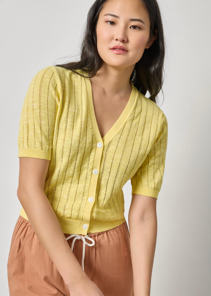 Lilla P | Open Stitch V Neck Cardigan | Lemon