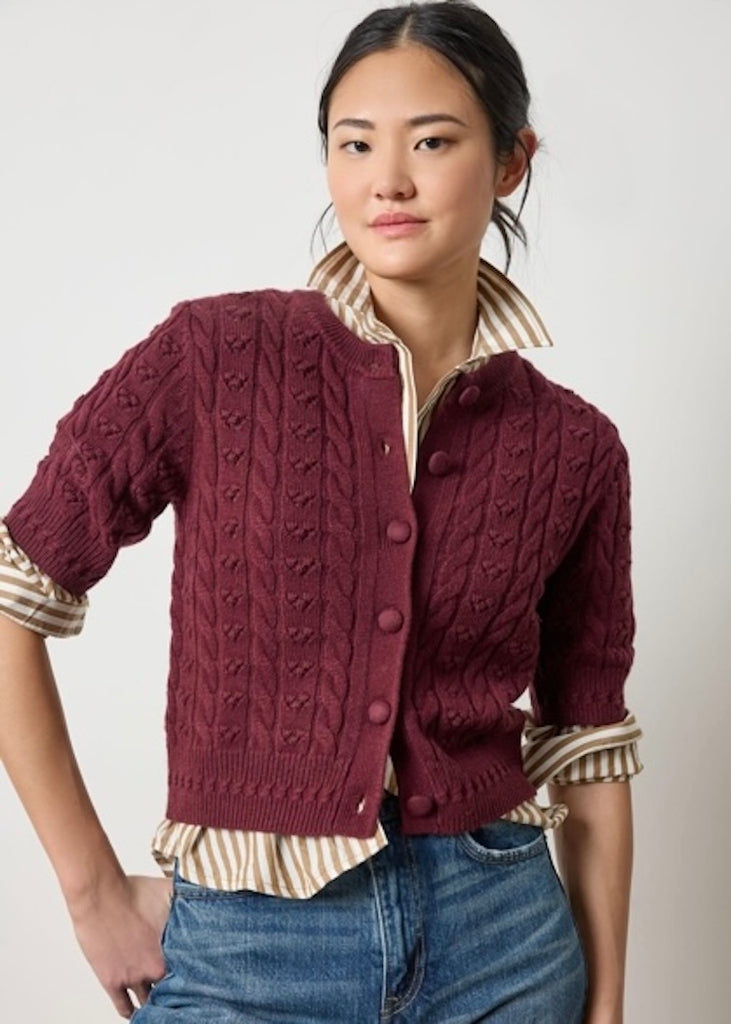 Lilla P | Short Sleeve Cardigan Sweater | Plum