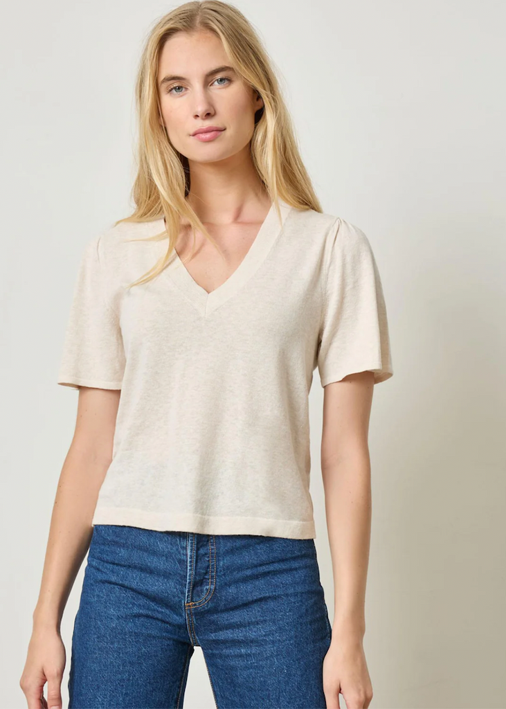 Lilla P | Short Sleeve V Neck Sweater | Barley