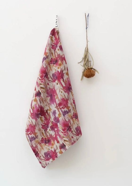 Linen Kitchen Towel | Natural Fuschia Flowers
