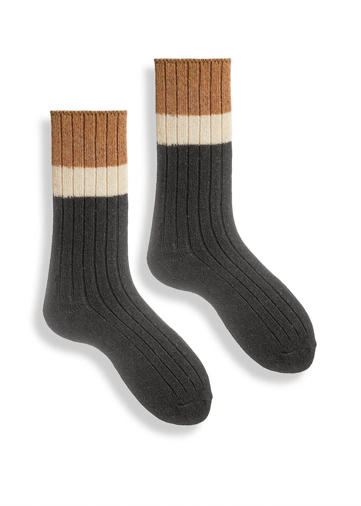 Lisa b. | Ribbed Colorblock Wool Cashmere Crew Socks | Charcoal