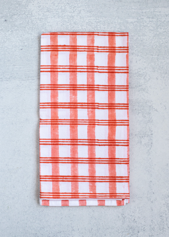 Mended | Tea Towel | Plaid, Orange & Melon