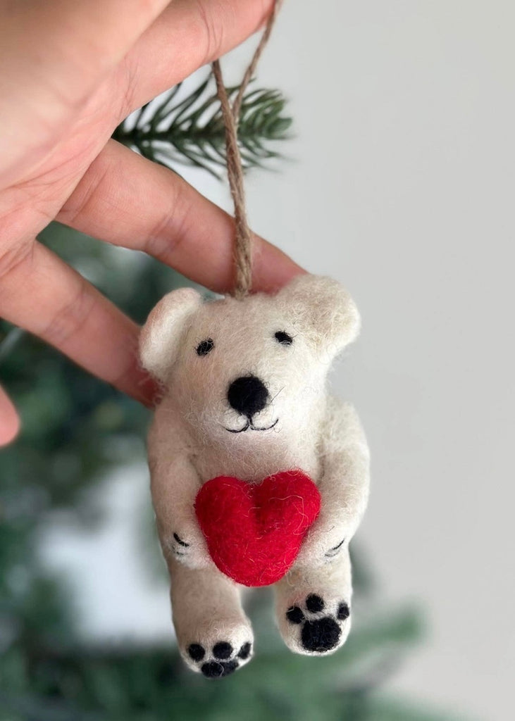 Mini Polar Bear Holding Heart Felt Ornament