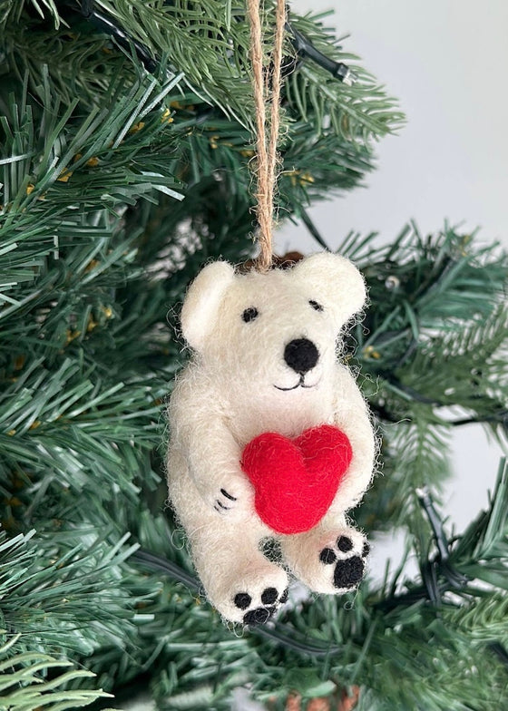 Mini Polar Bear Holding Heart Felt Ornament