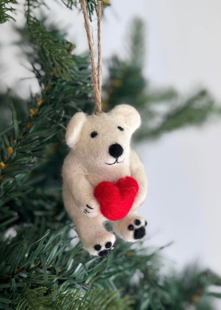 Mini Polar Bear Holding Heart Felt Ornament