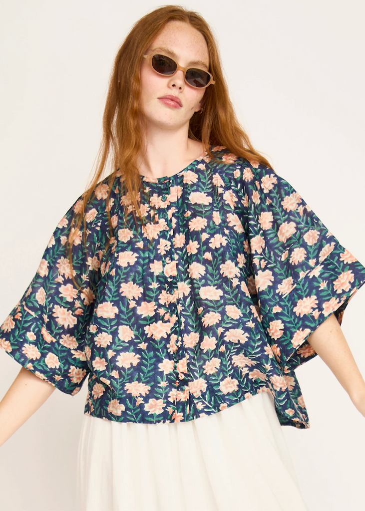 Mirth | Kerala Short Sleeved Blouse | Midnight Pink Carnation