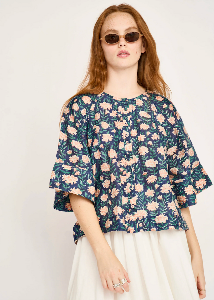 Mirth | Kerala Short Sleeved Blouse | Midnight Pink Carnation
