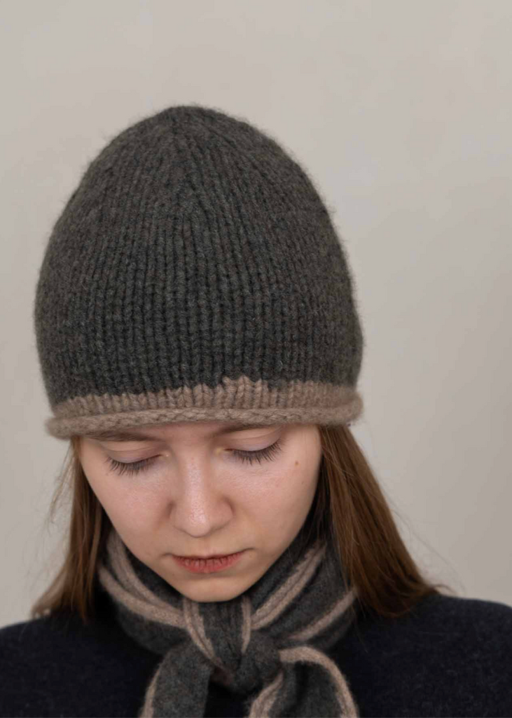 Oats + Rice | Cottage Hand-Knitted Rolled Edge Beanie | Moss