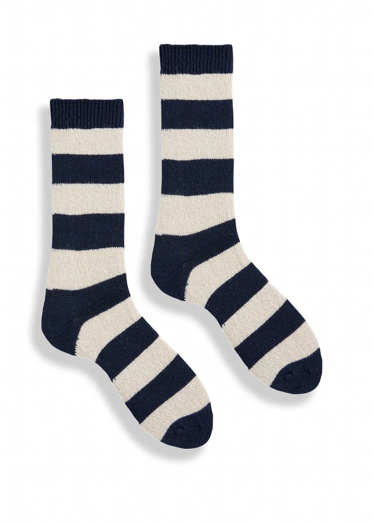 Rugby Stripe Wool Cashmere Crew Socks Navy