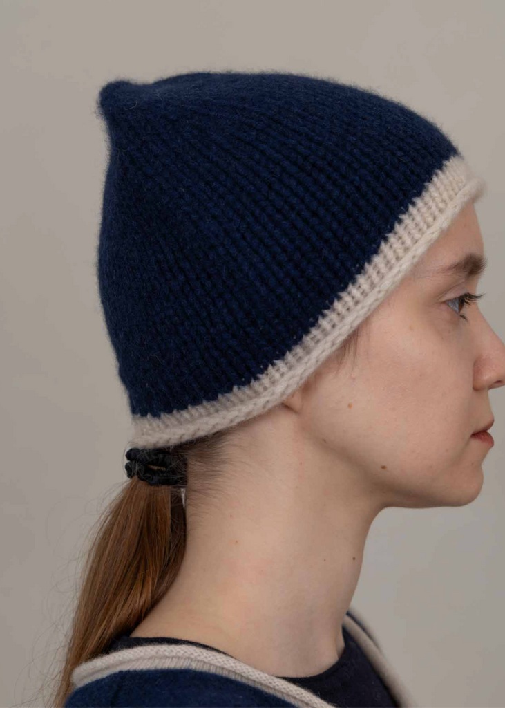 Oats + Rice | Cottage Hand-Knitted Rolled Edge Beanie | Navy