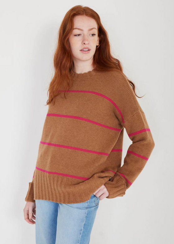 Not Monday | Mila Cashmere Crewneck Sweater in Toffee + Winter Pink Stripe