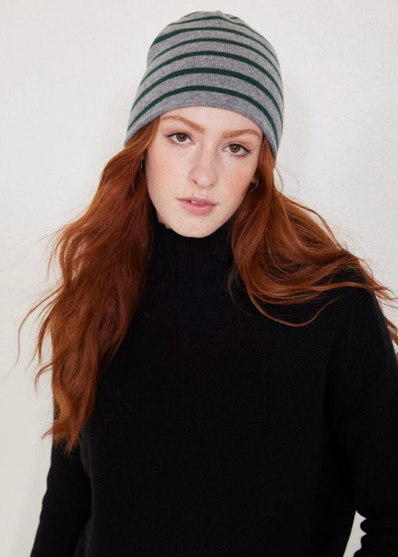 Not Monday | Tate Cashmere Beanie in Storm Grey + Jade Stripe