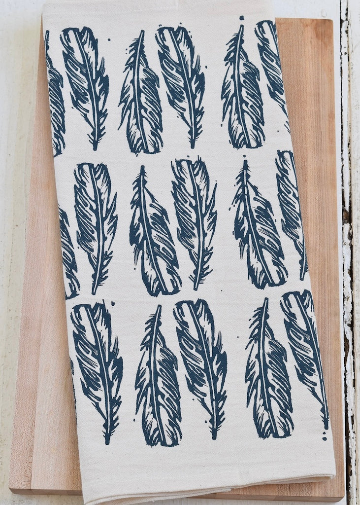 Organic Cotton Tea Towel | Block Feathers in Navy Blue