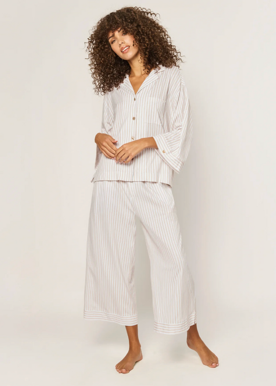 Petite Plume | Olivia Wide Leg Pajama Set in Camel Ticking