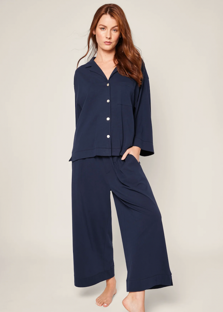 Petite Plume | Olivia Wide Leg Pajama Set in Navy
