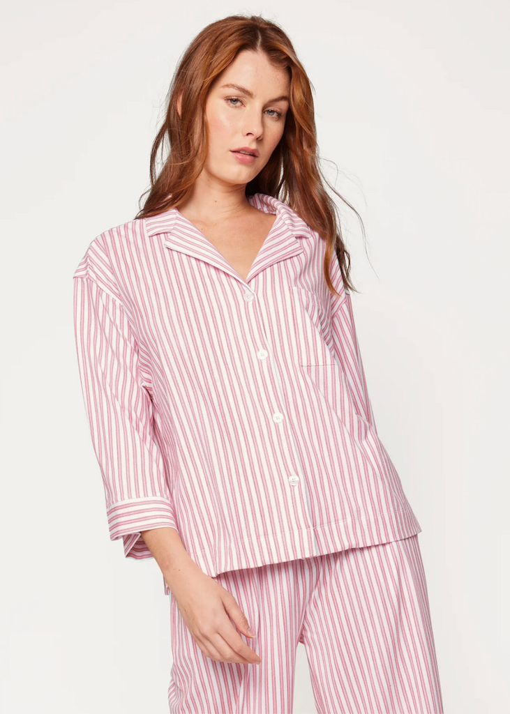 Petite Plume | Pima Olivia Wide Leg Pajama Set in Antique Red Ticking