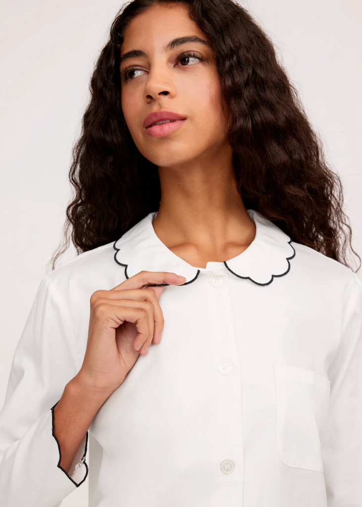 Petite Plume | Twill Colette Pajama in White with Navy Piping