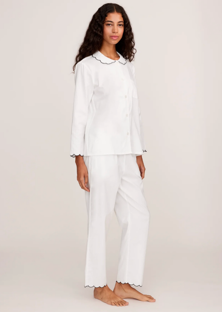 Petite Plume | Twill Colette Pajama in White with Navy Piping