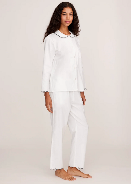 Petite Plume | Twill Colette Pajama in White with Navy Piping