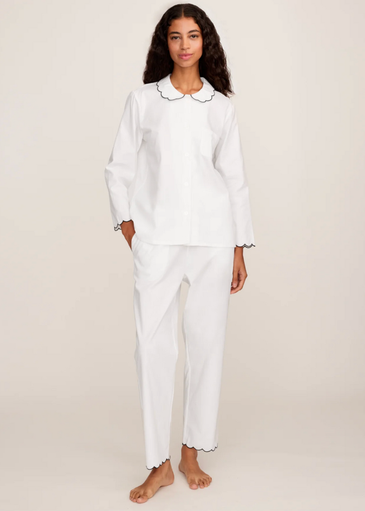 Petite Plume | Twill Colette Pajama in White with Navy Piping