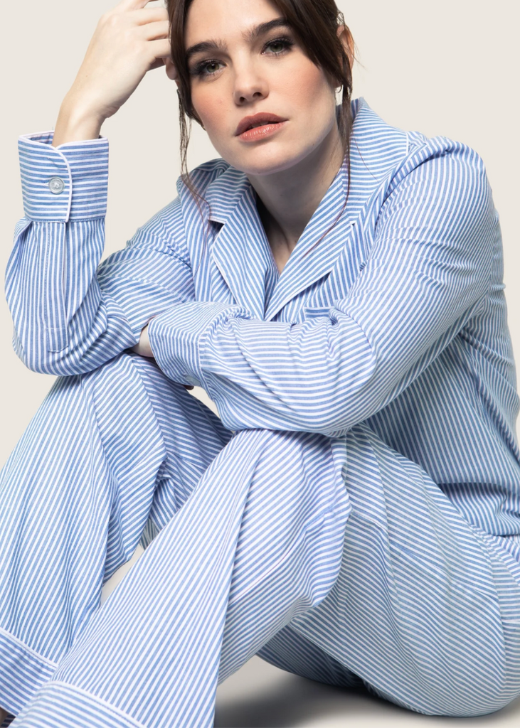 Petite Plume | Twill Pajama Set in French Blue Heritage Stripe
